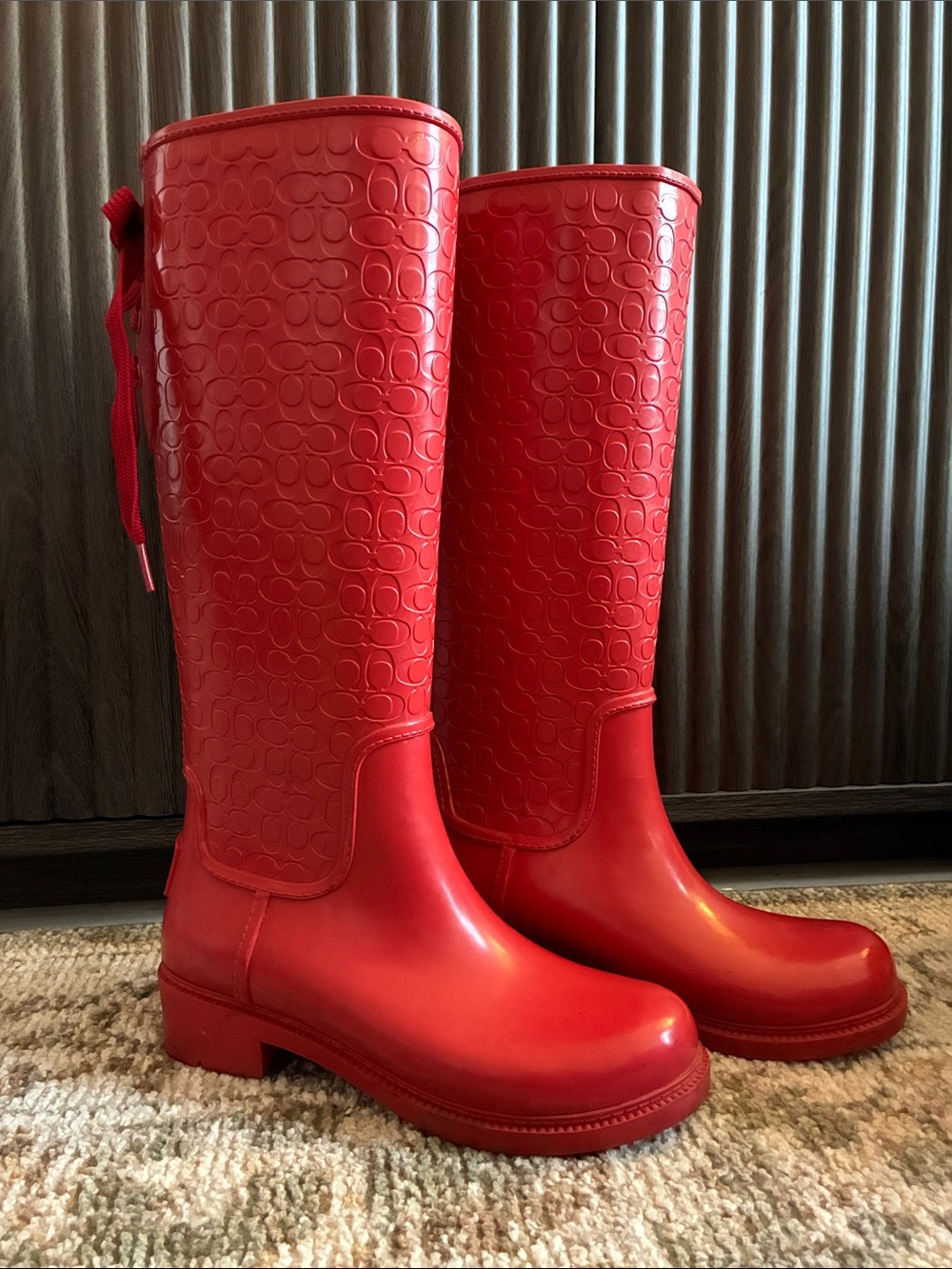 Coach Size 6 Rubber Tall Logo Embossed Bowtie Rain Boots - Red